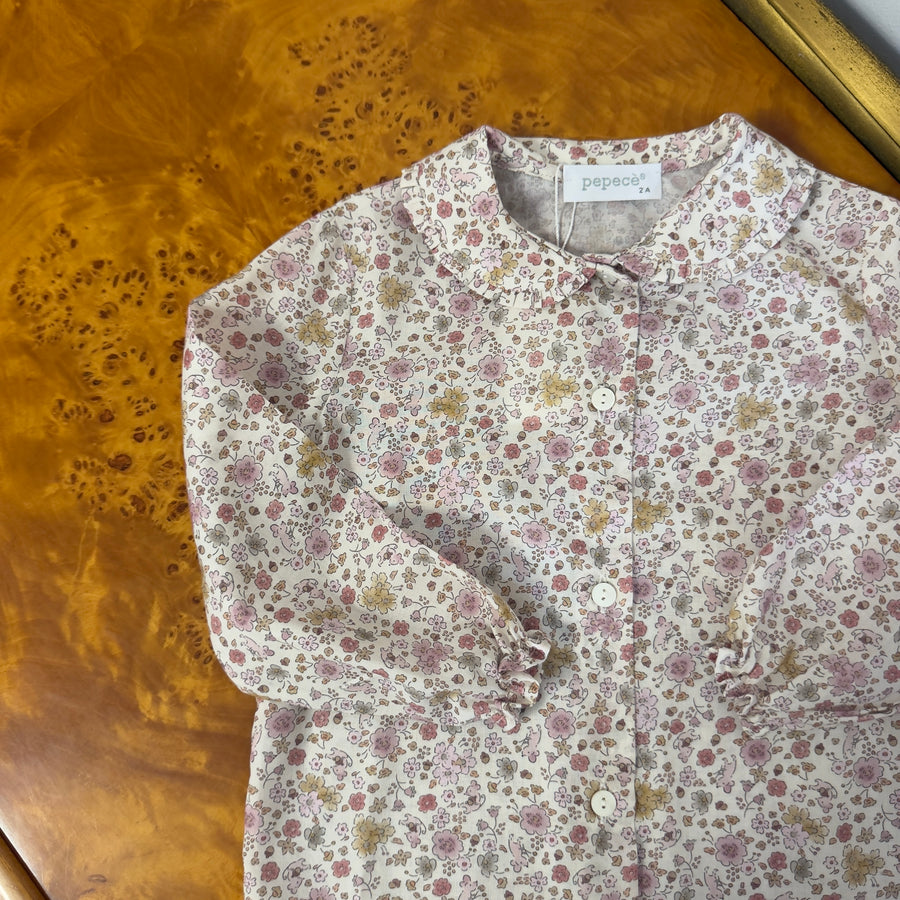 Camicia in Cotone a Fiori con Colletto a Balza -Fiori su Fondo Panna