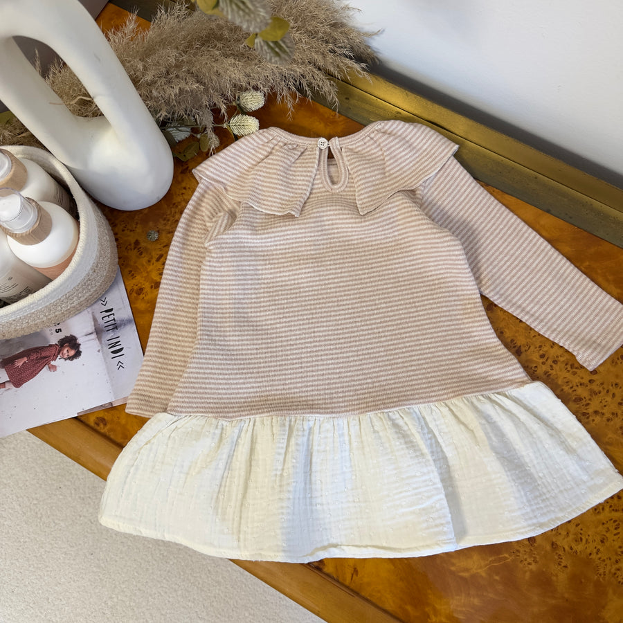 Abito in caldo cotone mille righe rosa polvere e latte - maxi colletto