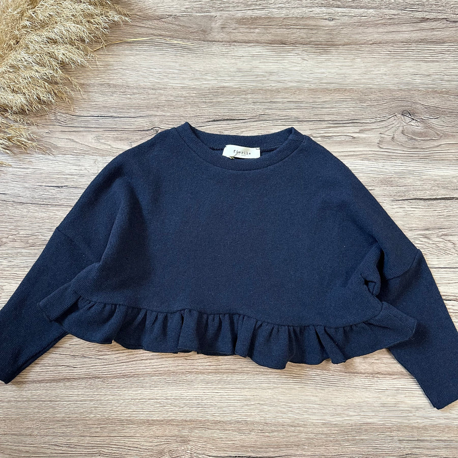 Maglia in caldo cotone blu notte  con ruches