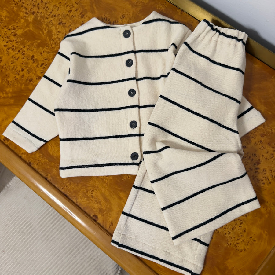 Cardigan in Caldo Cotone a Righe -Avorio/Carbone