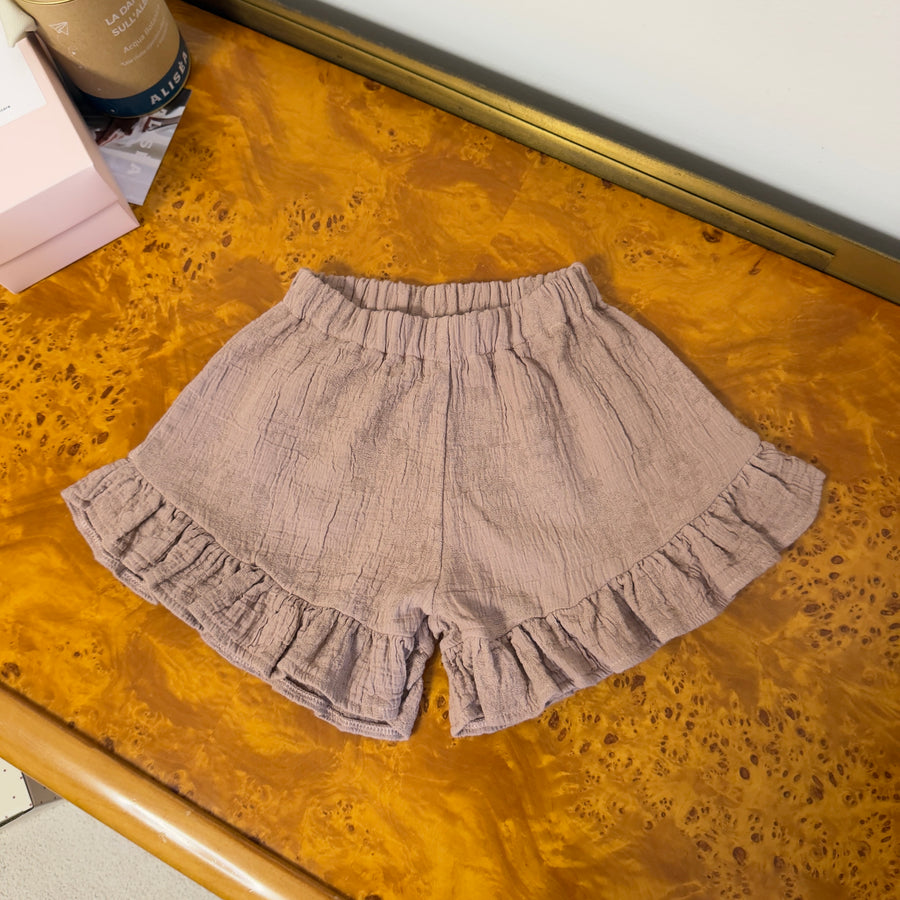 Pantaloncini in mussola di cotone con roselline tono su tono e ruches - cameo rose
