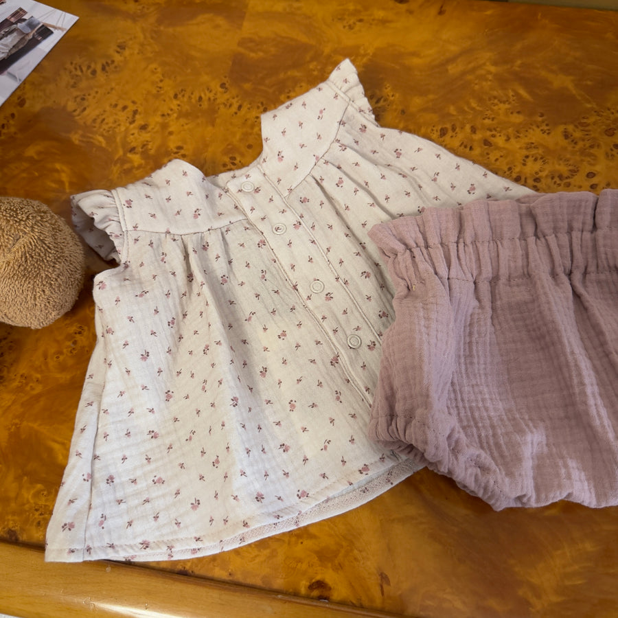 Completo Blusa e Bloomer in Cotone Organico – Microfiore Romantico e Pink Sand