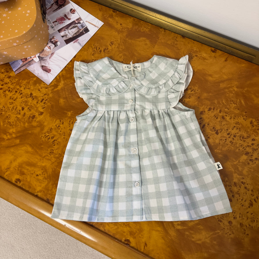 Blusa in cotone - vichy salvia con colletto raffinato e ruches sulle spalline