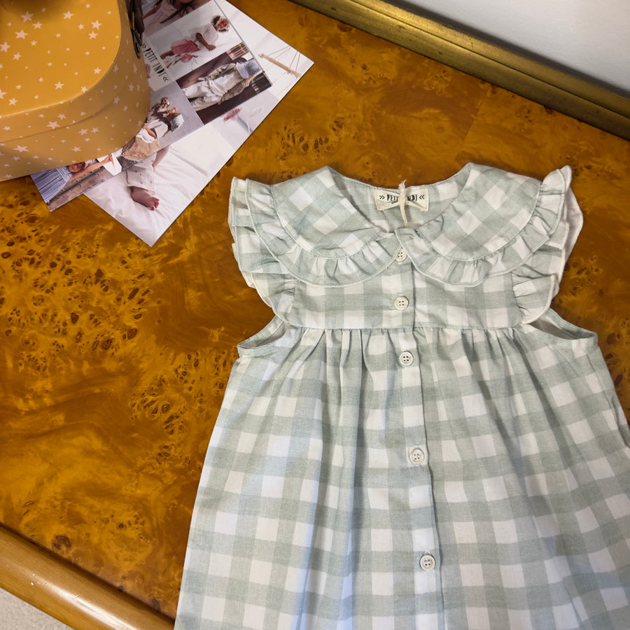 Blusa in cotone - vichy salvia con colletto raffinato e ruches sulle spalline