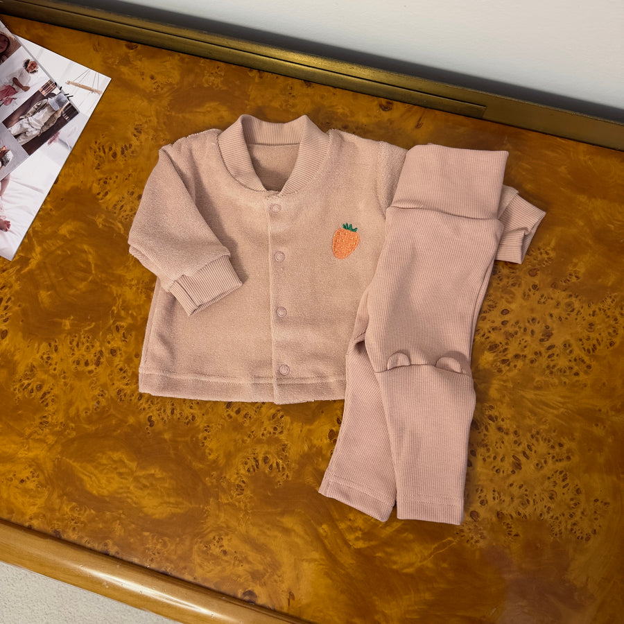 Leggings rosa blush in cotone organico certificato a costina – Fascia morbida e orecchie sulle ginocchia