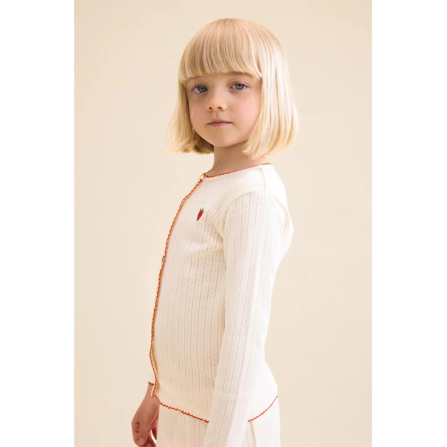 Flora Pointelle Cardigan in Jersey Morbidissimo con Fragolina Ricamata e Bottoni a Cuoricino in Madreperla