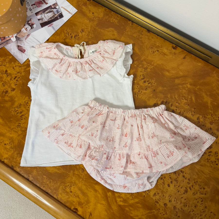 Set completo con bloomer a gonnellina integrata e maglietta con colletto – fantasia coniglietti