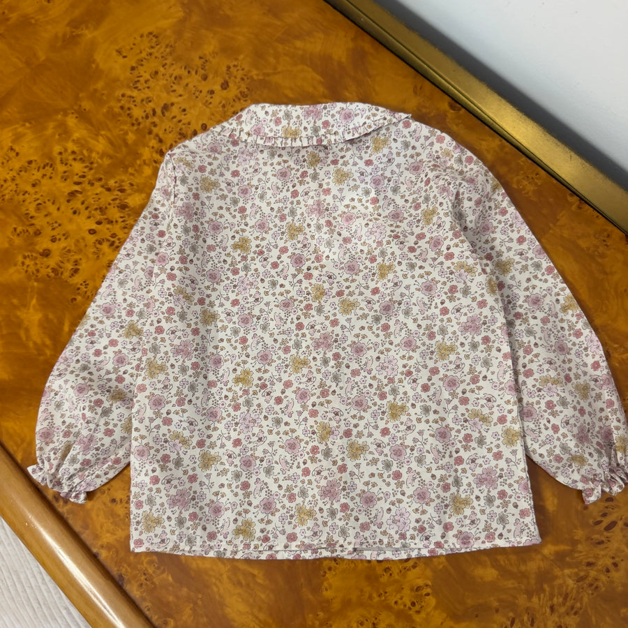 Camicia in Cotone a Fiori con Colletto a Balza -Fiori su Fondo Panna