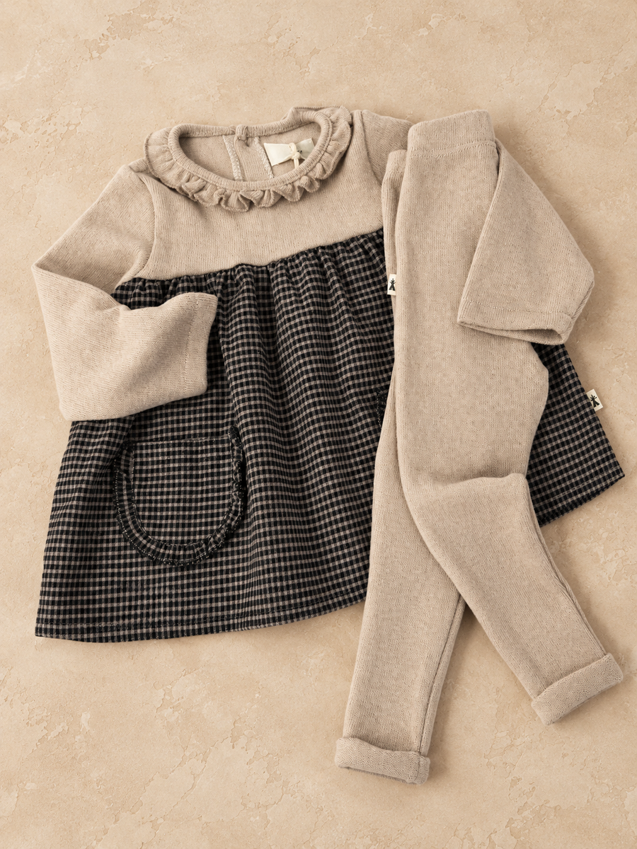 Completo abitino vichy e leggings in caldo cotone avena