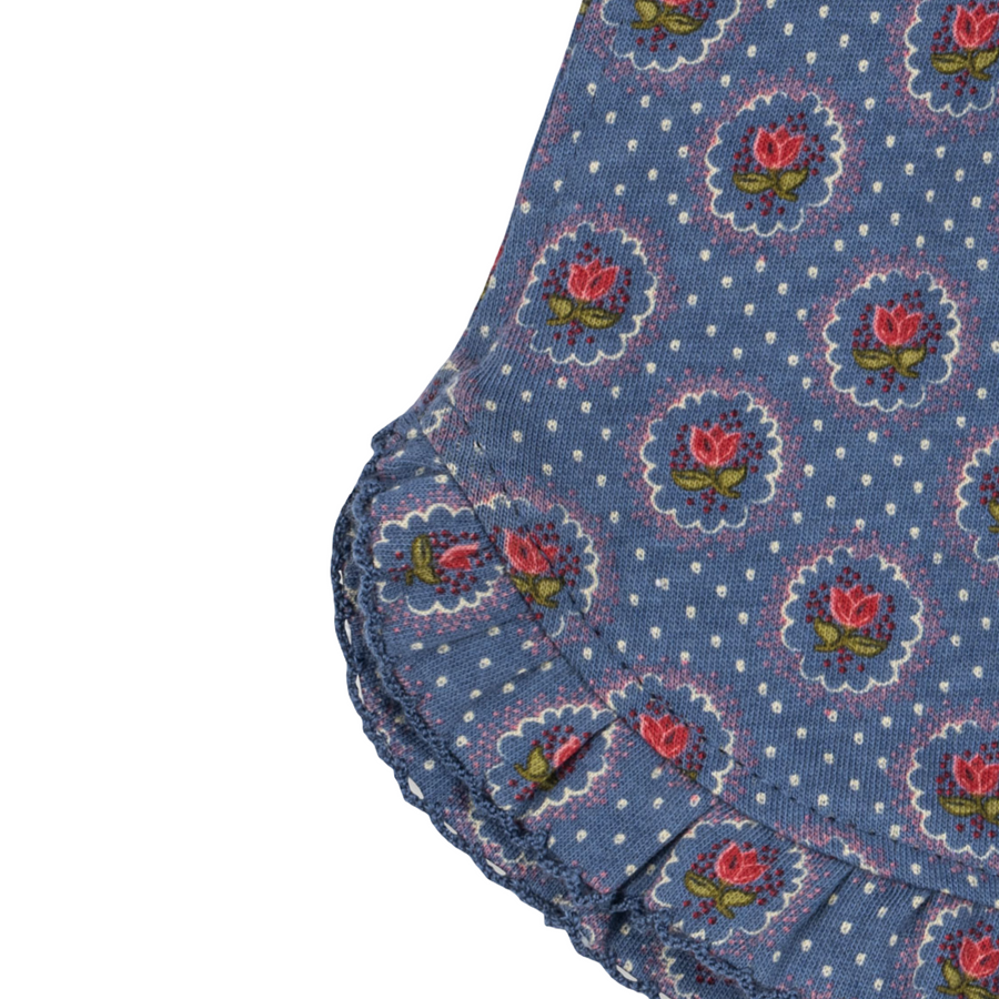 Completo coordinato in cotone organico blu con pois e tulipani – Set facile e versatile
