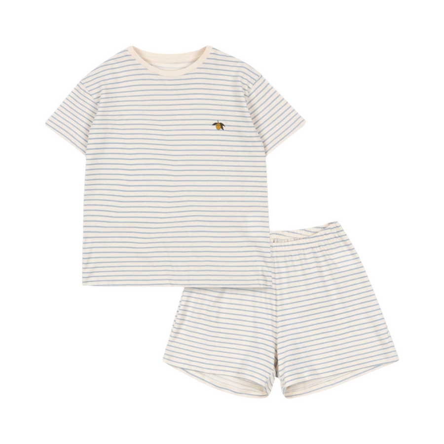 Completo a righine azzurre in cotone organico con disegno limone – versatile e facile da abbinare