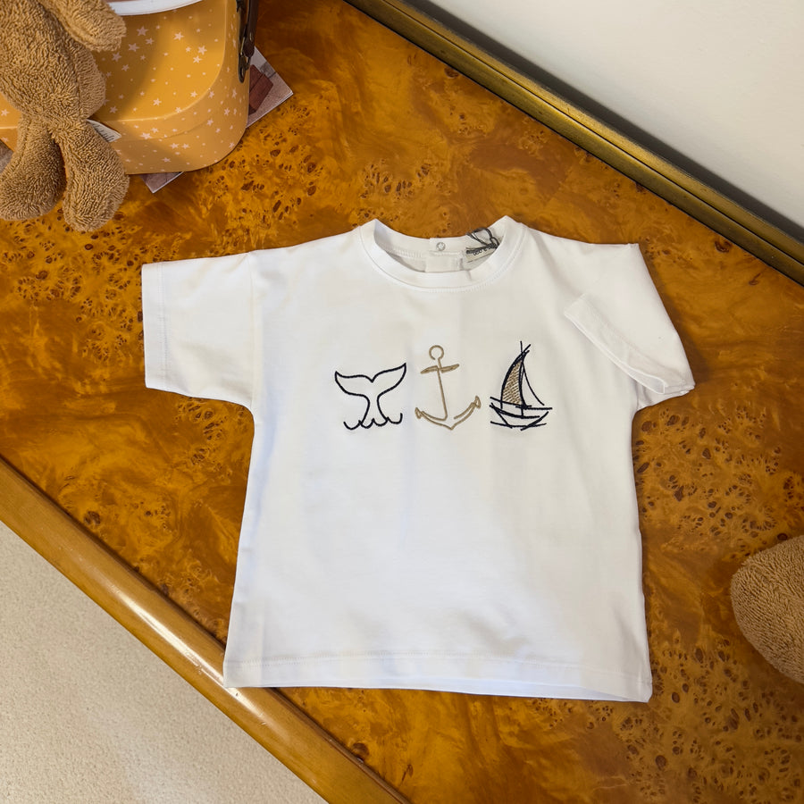 T-shirt in jersey di cotone morbido con ricami a tema mare