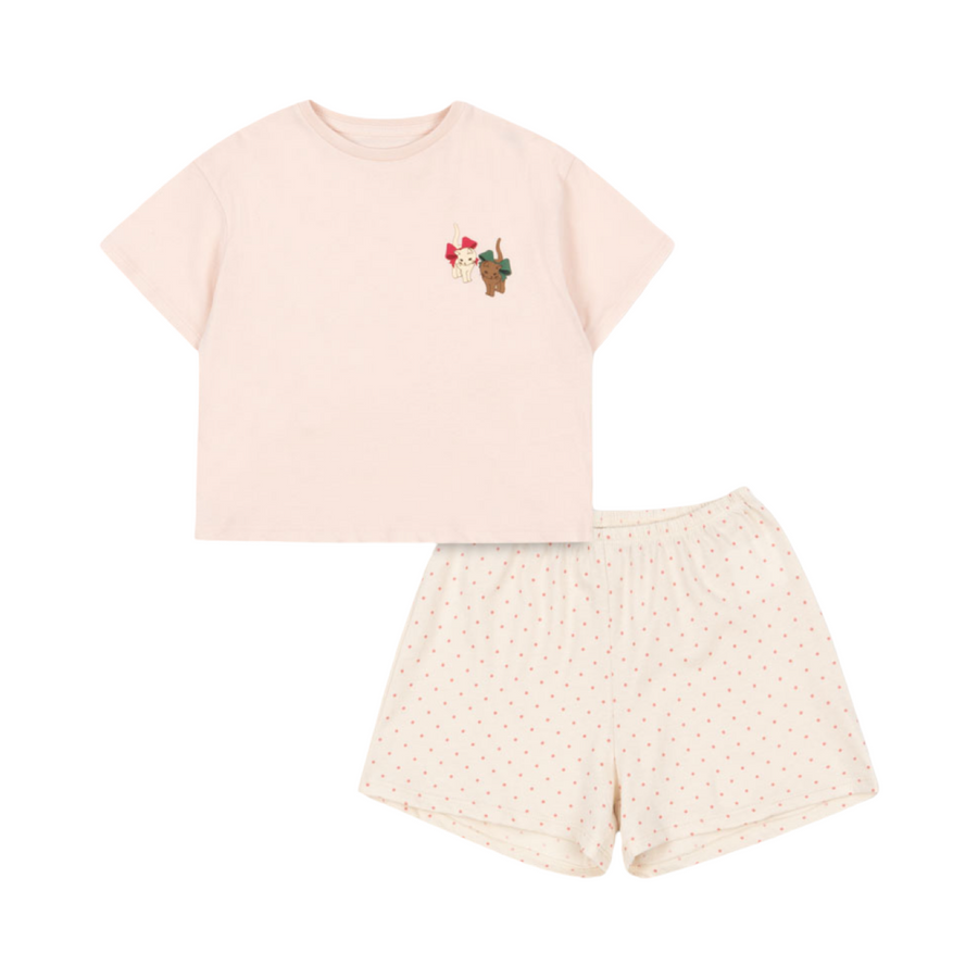Completo Rosa in Cotone Organico con Gattino – T-Shirt Rosa e Short a Pois Coordinato