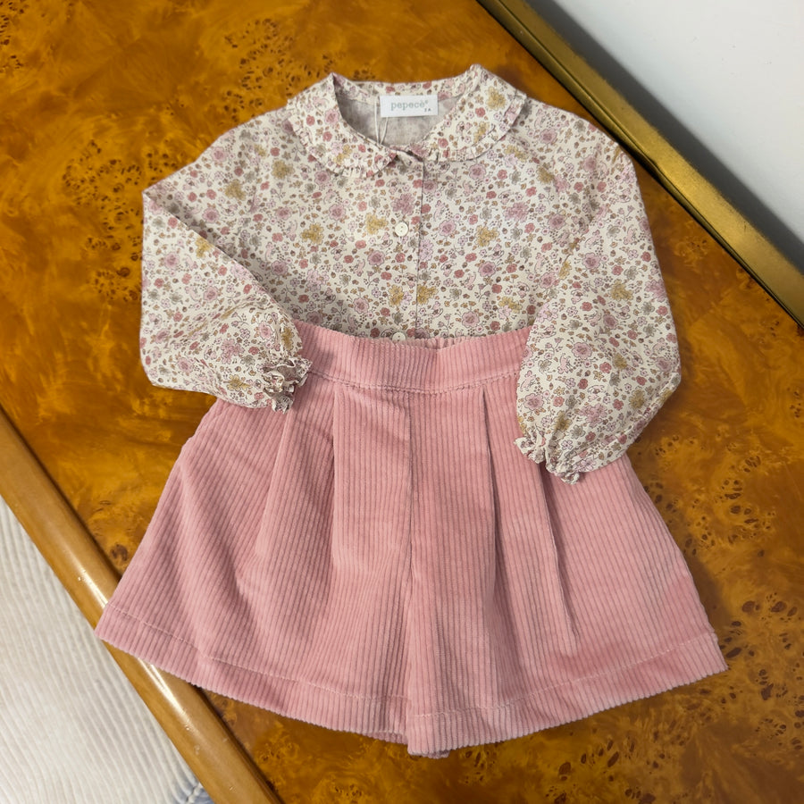 Camicia in Cotone a Fiori con Colletto a Balza -Fiori su Fondo Panna