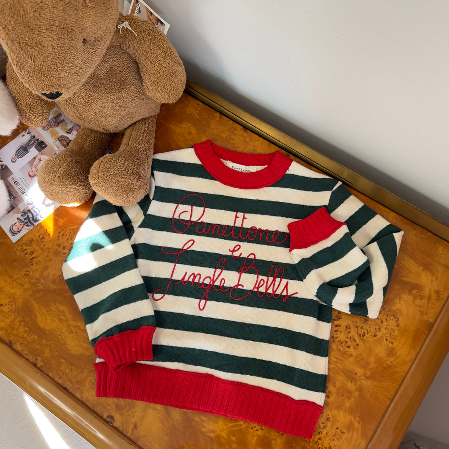 Maglione in caldo cotone con ricamo Panettone e Jingle Bells - riga pino