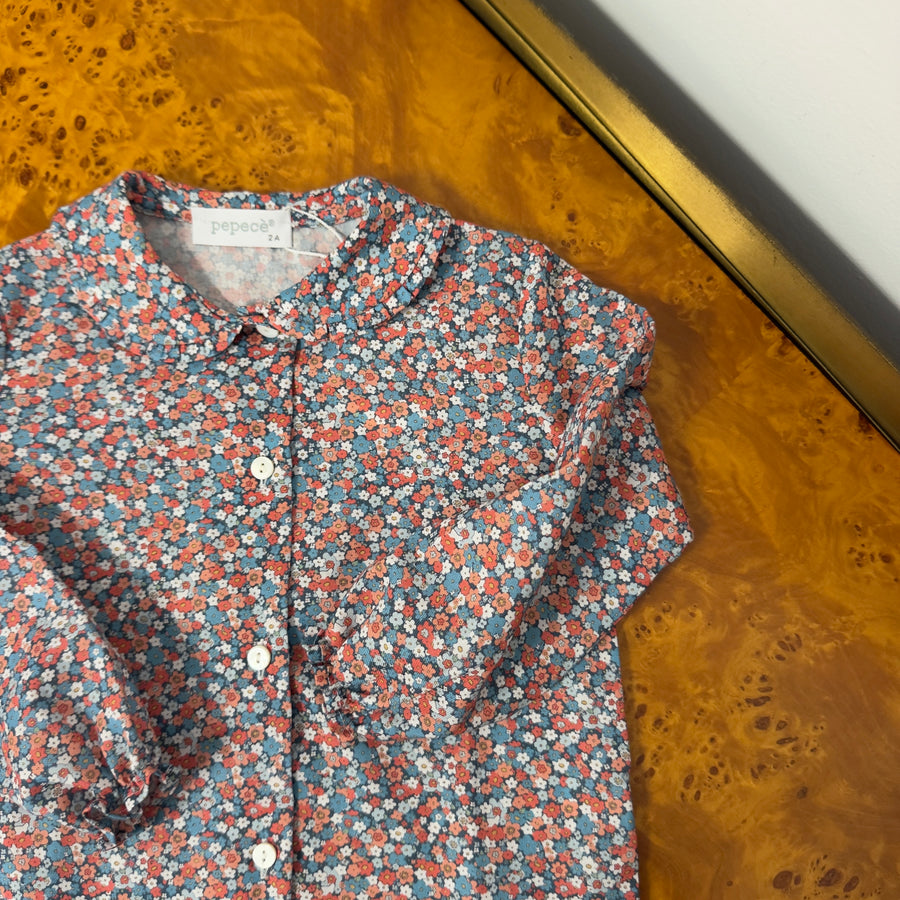 Camicia in Cotone a Fiori con Colletto a Balza -Azzurro e Terracotta