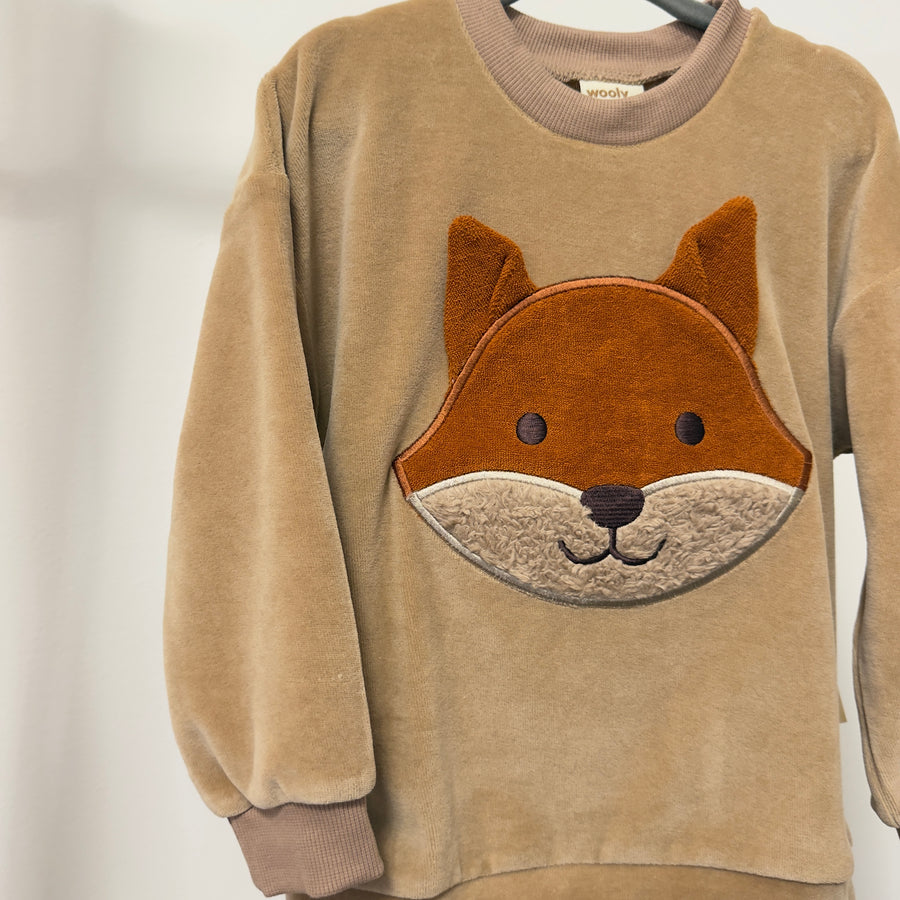 Maglia in ciniglia di cotone organico con volpe -stucco