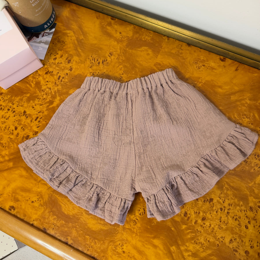 Pantaloncini in mussola di cotone con roselline tono su tono e ruches - cameo rose