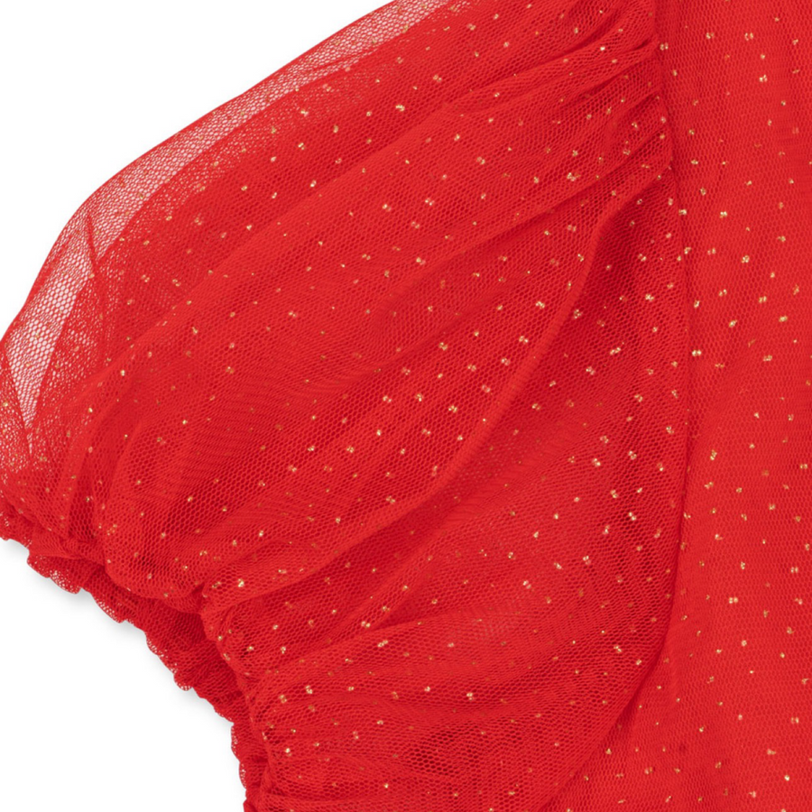 Abito in tulle rosso brillante con sottoveste in cotone organico