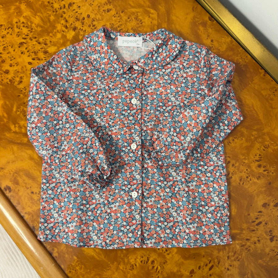 Camicia in Cotone a Fiori con Colletto a Balza -Azzurro e Terracotta