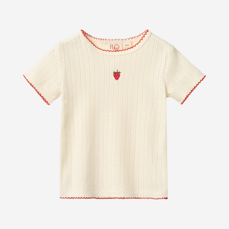 Flora Pointelle T-Shirt Traforata con Fragola Ricamata -Gentle Cream