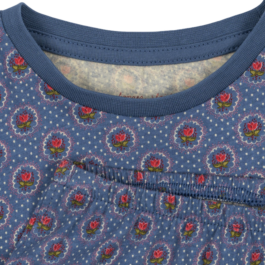 Completo coordinato in cotone organico blu con pois e tulipani – Set facile e versatile