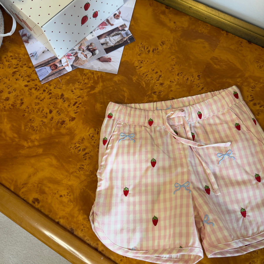 Dolly Bow Shorts in Cotone con Coulisse in Vita, fiocchi e fragole  Ricamati