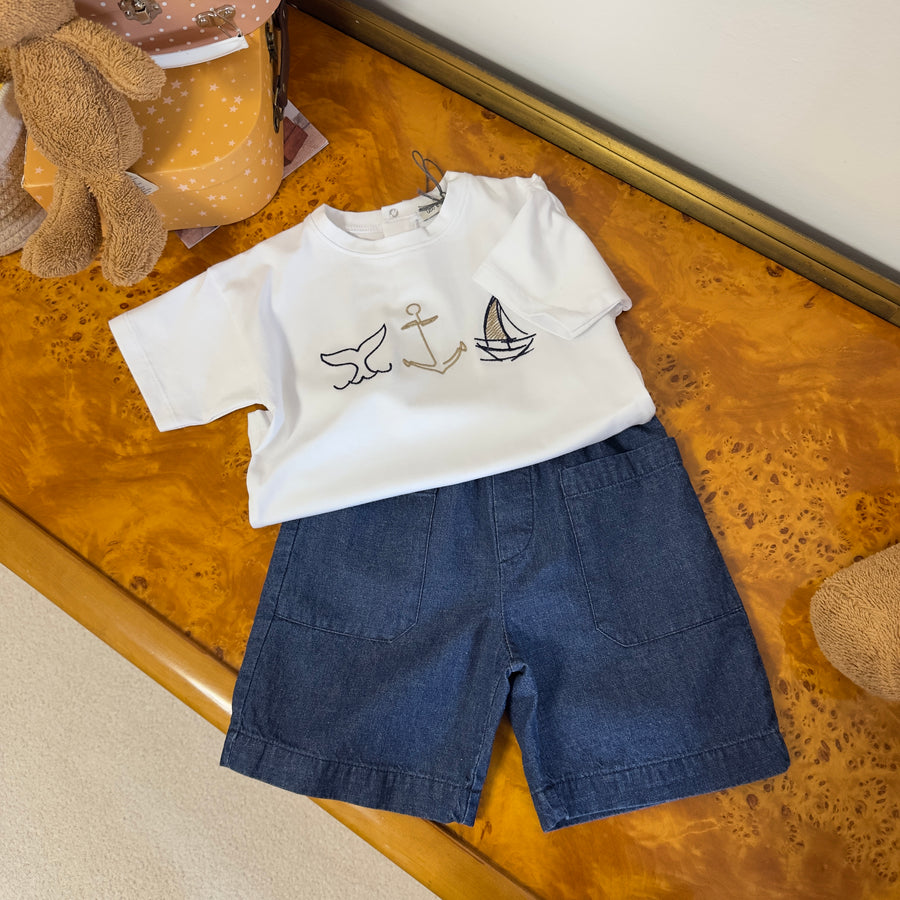 Pantaloncino  in denim leggero di cotone e lino con elastico in vita – Fit rilassato e versatile