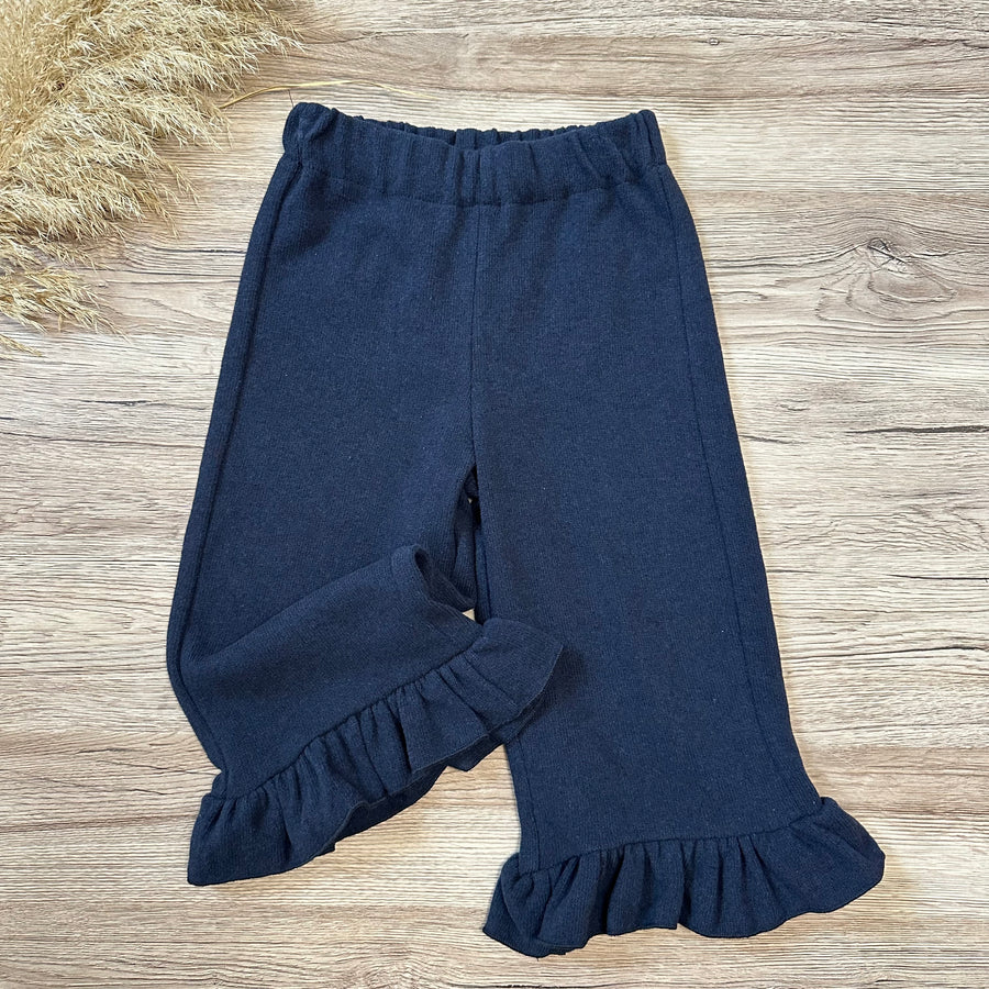 Pantalone in caldo cotone blu notte con ruches