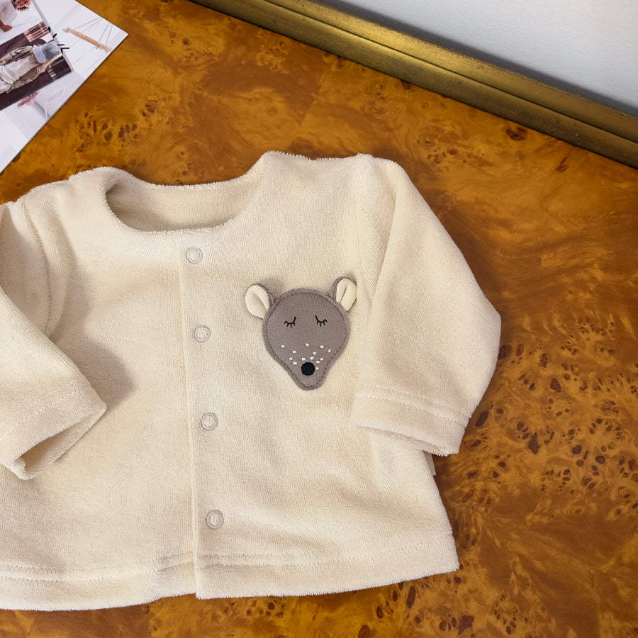 Cardigan avorio in spugna di cotone organico certificato con topolino – Versatile, morbido e 4 stagioni