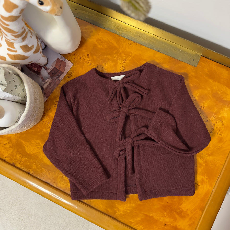 Cardigan in caldo cotone borgogna con fiocchi frontali