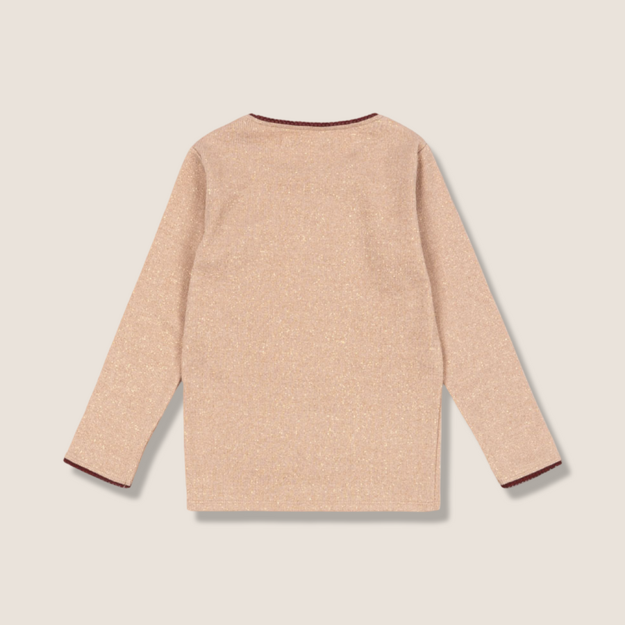 T-shirt manica lunga in morbido lurex pink nude e merletto borgogna