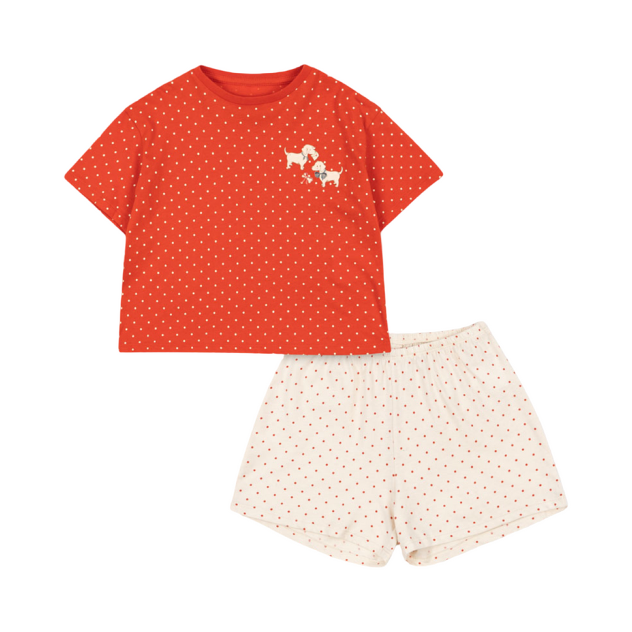Completo in Cotone Organico con Pois – T-Shirt Rossa con Cagnolino e Pantaloncino Avorio Coordinato