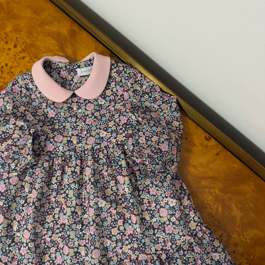 Abito a Fiori con Colletto Rosa- fondo navy