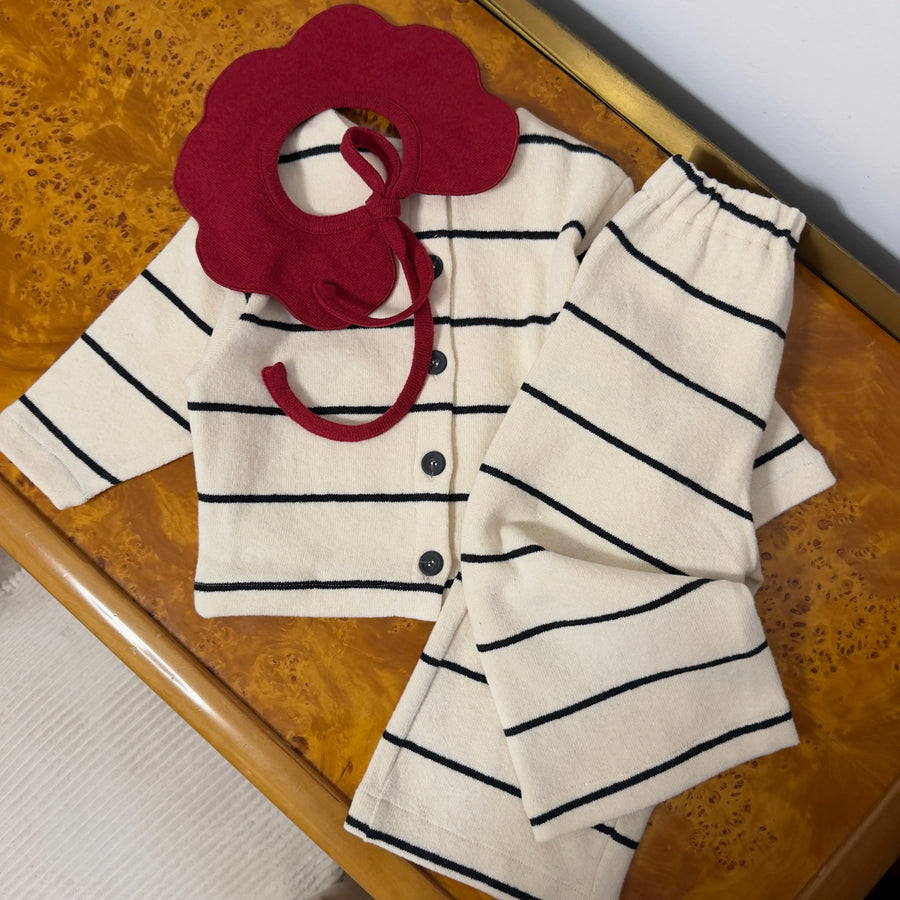 Cardigan in Caldo Cotone a Righe -Avorio/Carbone