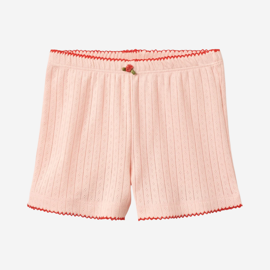 Liva Pointelle Shorts Traforati Soft Rose con Rosellina 3D e Merletto a Contrasto