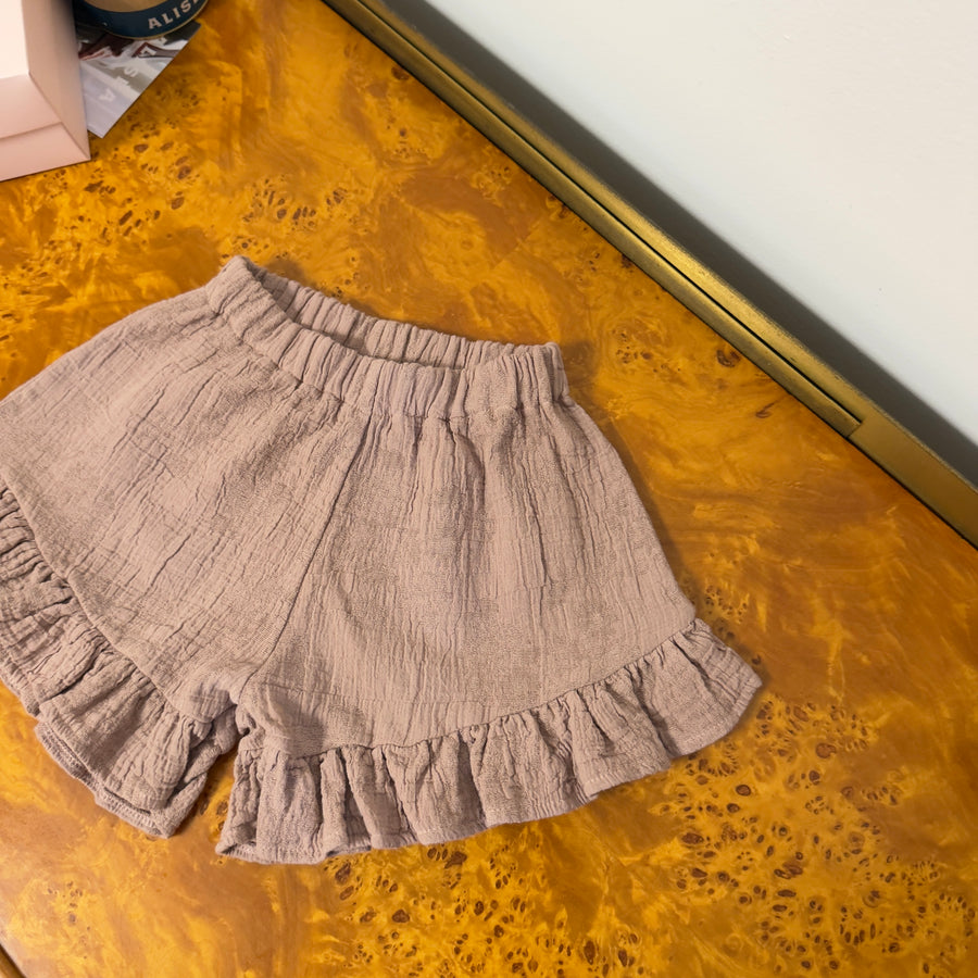 Pantaloncini in mussola di cotone con roselline tono su tono e ruches - cameo rose