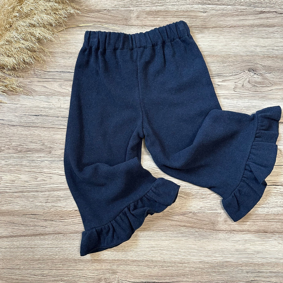 Pantalone in caldo cotone blu notte con ruches