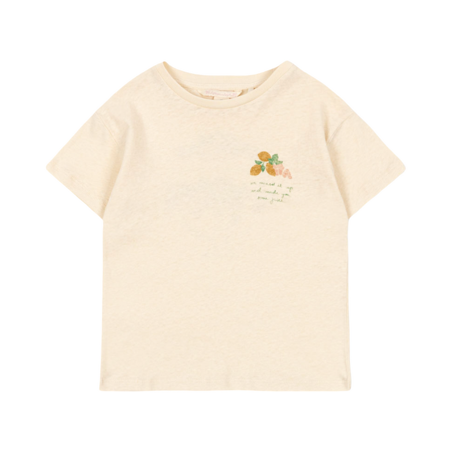 T‑Shirt Giallo Pastello in Cotone Organico e Lino con Stampa Frutta