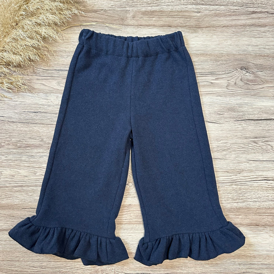 Pantalone in caldo cotone blu notte con ruches