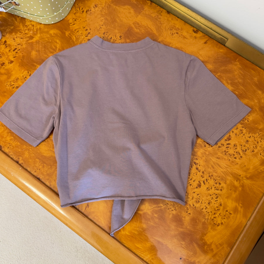 T-shirt malva in jersey di cotone con nodo frontale morbida e versatile