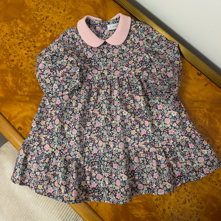 Abito a Fiori con Colletto Rosa- fondo navy