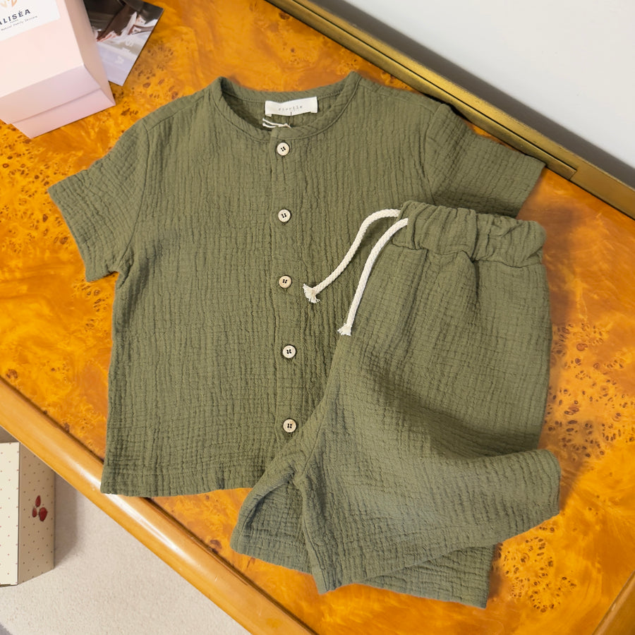 T-shirt bambino in mussola di cotone foresta con bottoncini