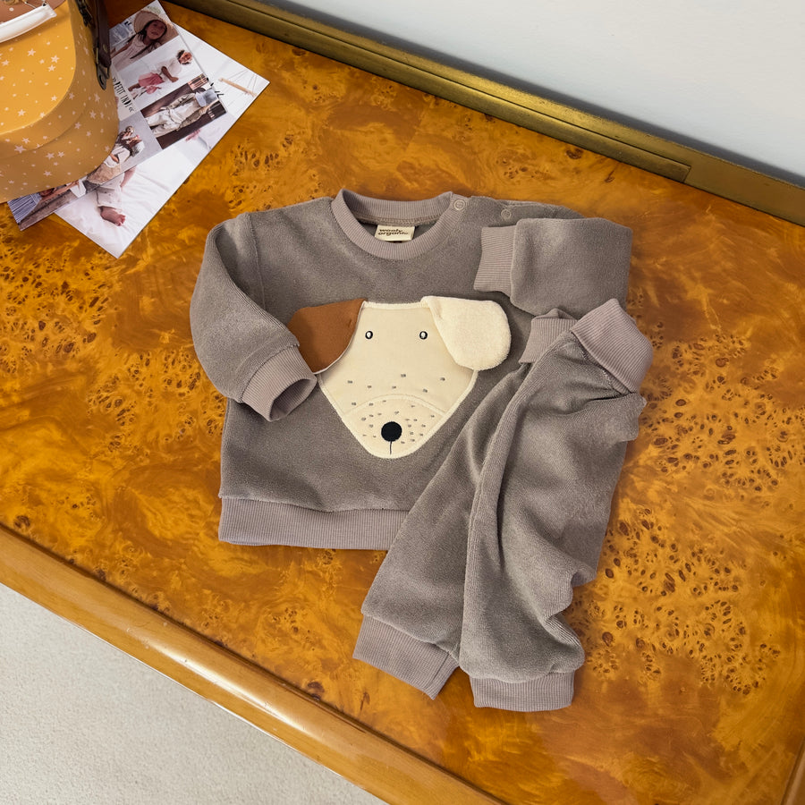 Felpa in Spugna di Cotone Organico con Cagnolino 3D – Taupe