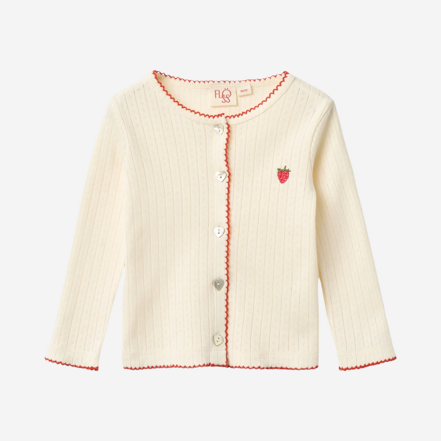 Flora Pointelle Cardigan in Jersey Morbidissimo con Fragolina Ricamata e Bottoni a Cuoricino in Madreperla
