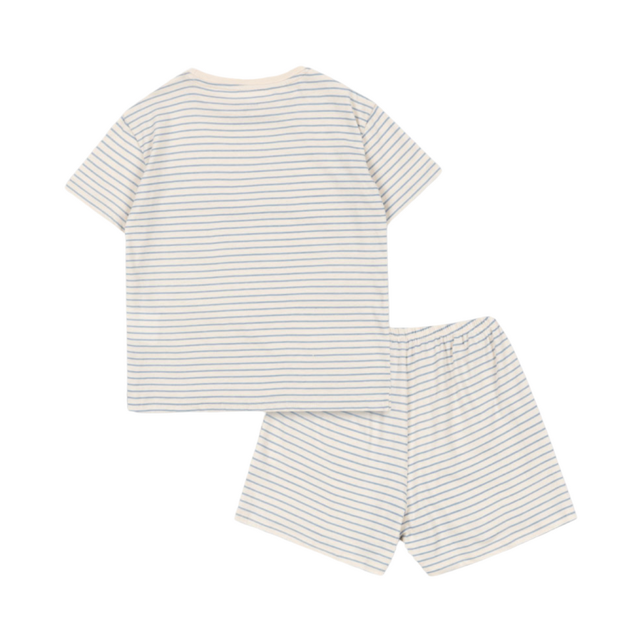 Completo a righine azzurre in cotone organico con disegno limone – versatile e facile da abbinare