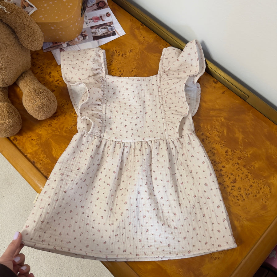Abito in Mussolina di Cotone con Microfiori Pink Flowers e Ruches sulle Spalle