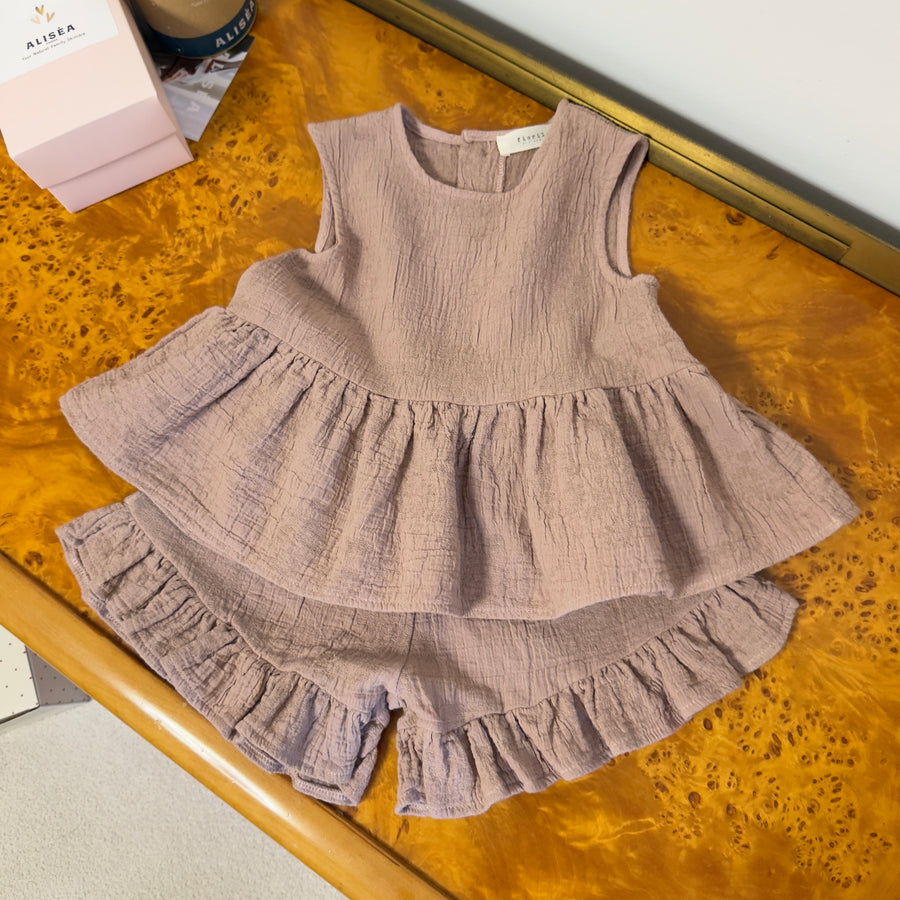 Top svasato in mussola di cotone con roselline tono su tono- cameo rose