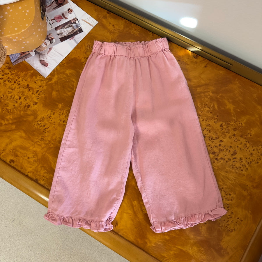 Pantalone in lino e viscosa color pink con ruches sul fondo – Morbido, fresco e romantico