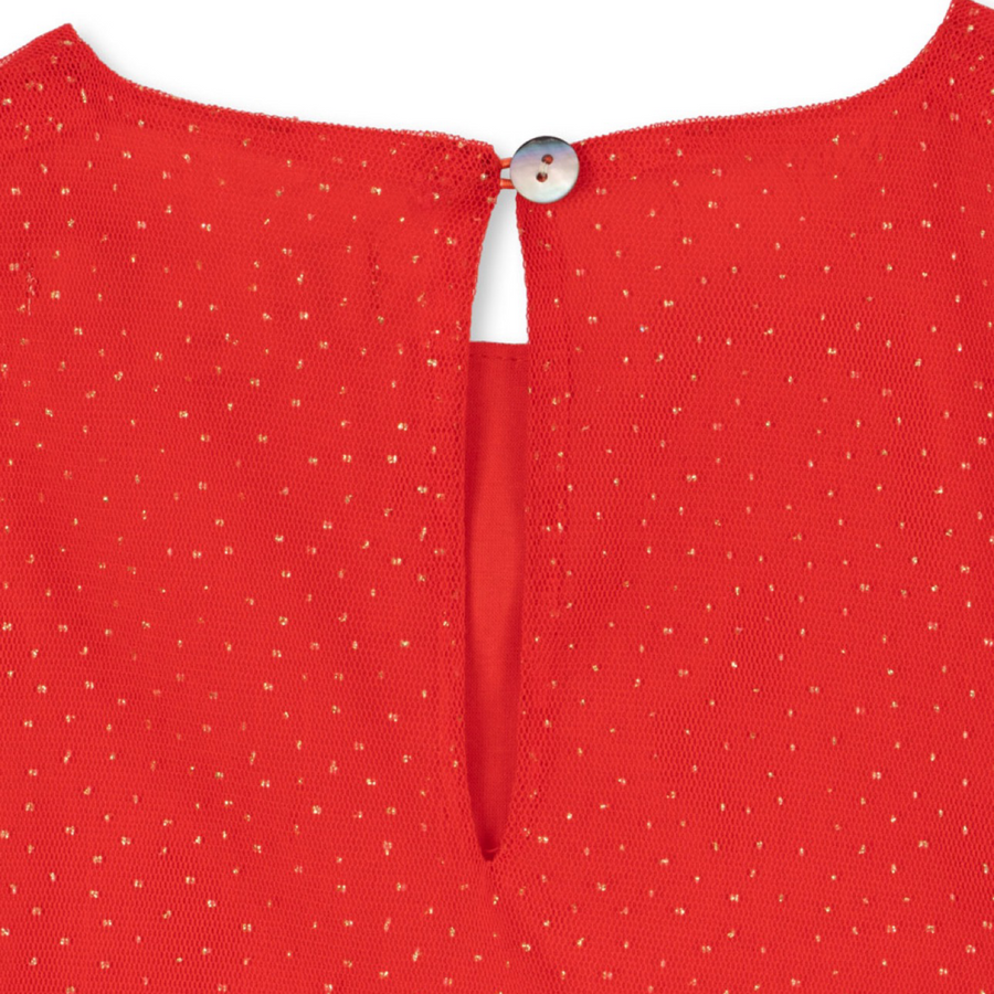 Abito in tulle rosso brillante con sottoveste in cotone organico